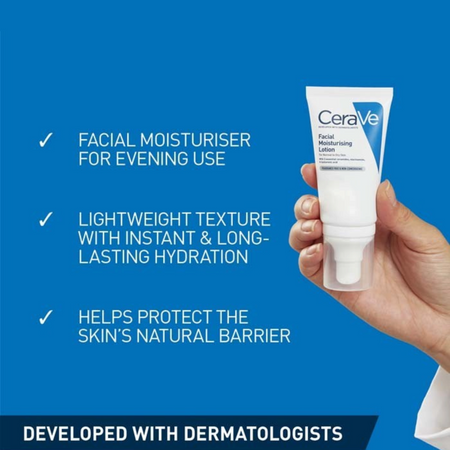 Lumina Pharmacy CeraVe PM Facial Moisturizing Lotion tube held in hand against a blue background with product benefits