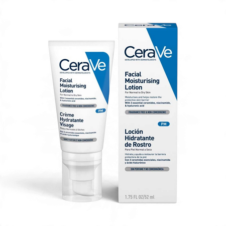 Lumina Pharmacy CeraVe PM Facial Moisturizing Lotion 52ml bottle and box for overnight skin hydration and repair.