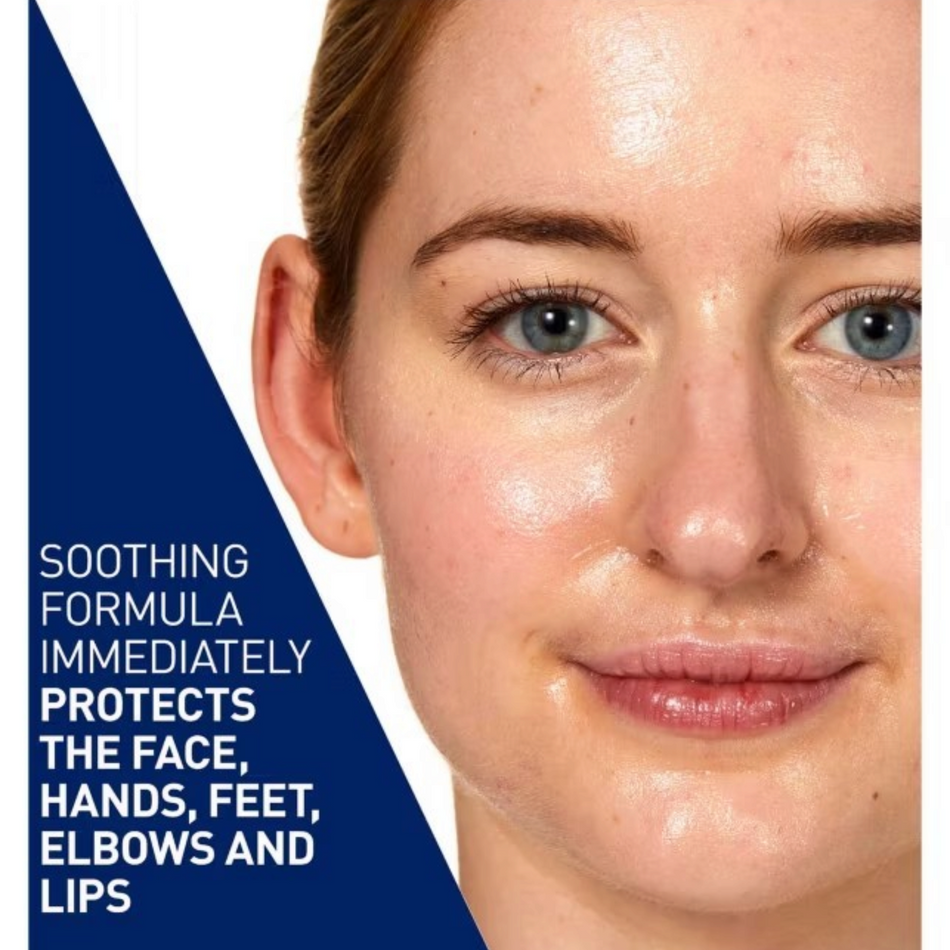 Lumina Pharmacy model with glowing skin after applying CeraVe Advanced Repair Ointment for hydration and protection