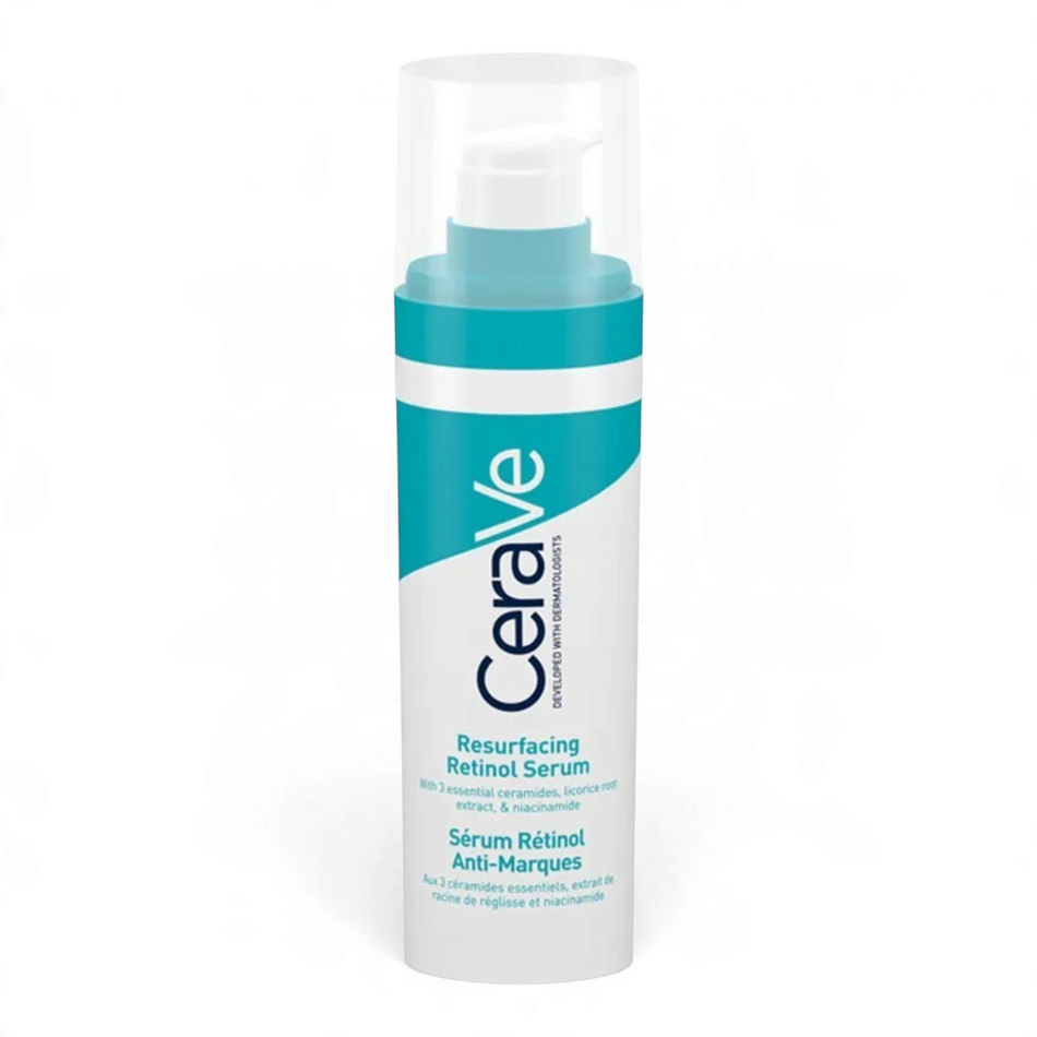 Lumina Pharmacy CeraVe Resurfacing Retinol Serum in a white and teal pump bottle for smoothing skin texture.