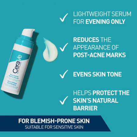 Lumina Pharmacy CeraVe Resurfacing Retinol Serum bottle with product benefits listed on a teal background