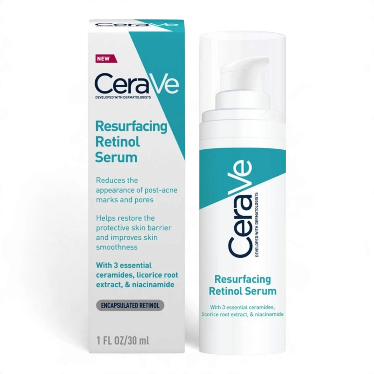 Lumina Pharmacy CeraVe Resurfacing Retinol Serum bottle and packaging box for smoothing skin texture and acne marks.
