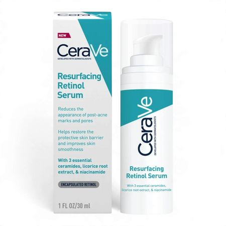 Lumina Pharmacy CeraVe Resurfacing Retinol Serum bottle and packaging box for smoothing skin texture and acne marks.