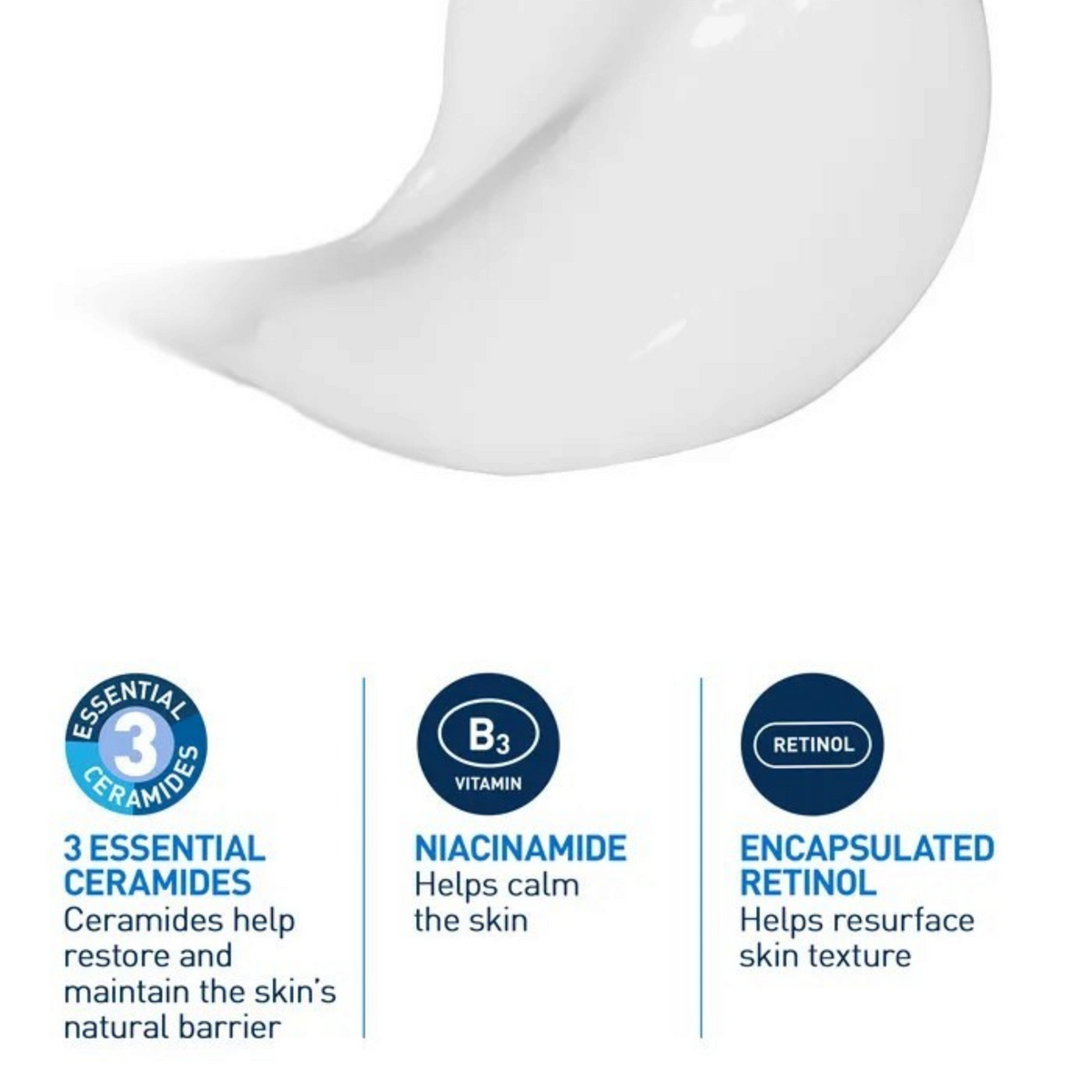 Lumina Pharmacy CeraVe Resurfacing Retinol Serum texture swatch showing smooth white cream with key ingredient icons