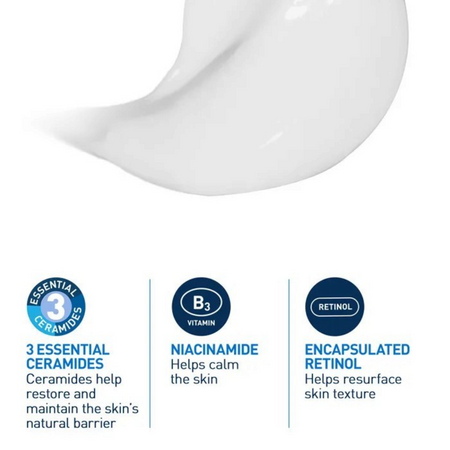Lumina Pharmacy CeraVe Resurfacing Retinol Serum texture swatch showing smooth white cream with key ingredient icons