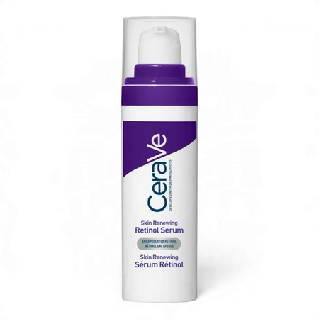 Lumina Pharmacy CeraVe Skin Renewing Retinol Serum bottle with a purple pump cap for anti-aging and skin texture.
