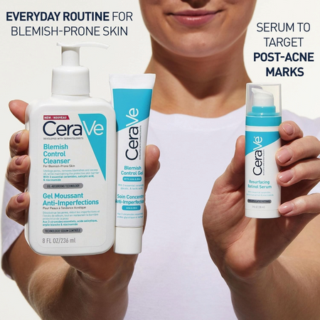 Lumina Pharmacy CeraVe skincare set featuring Blemish Control Cleanser, Control Gel, and Resurfacing Retinol Serum.