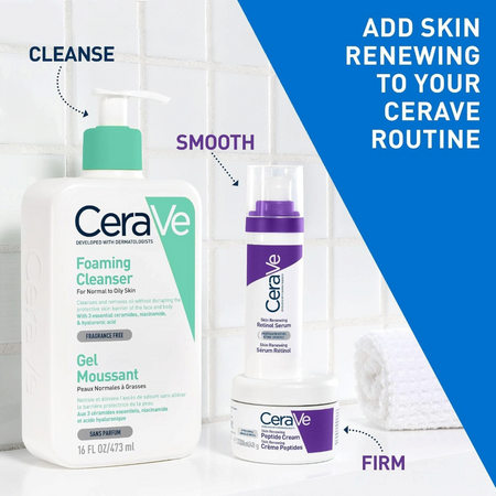 Lumina Pharmacy CeraVe skincare set featuring Foaming Cleanser, Retinol Serum, and Skin Renewing Peptide Cream.