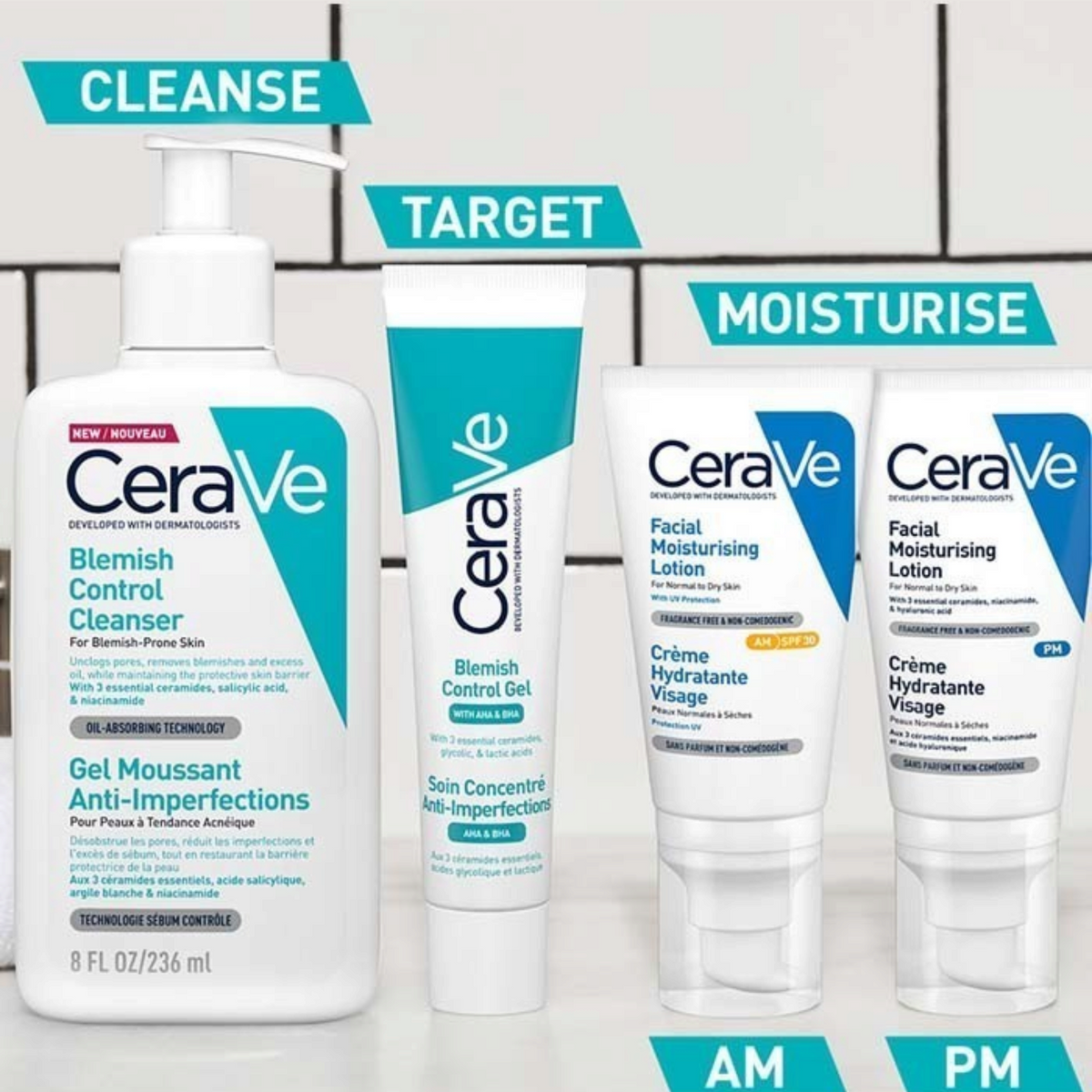 Lumina Pharmacy CeraVe skincare routine set featuring Blemish Control Cleanser, Gel, and AM/PM facial moisturisers.