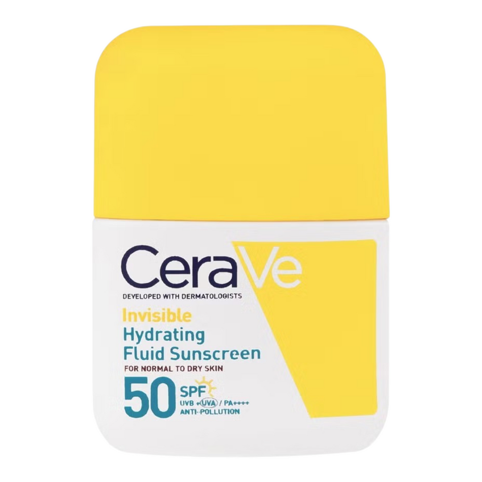 Lumina Pharmacy CeraVe Invisible Hydrating Fluid Sunscreen SPF50 in a white bottle with a bright yellow cap.