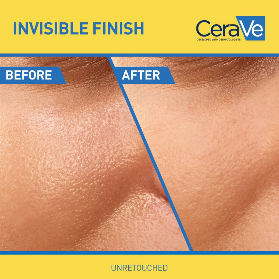 Lumina Pharmacy CeraVe Invisible Hydrating Fluid SPF50 before and after skin texture comparison showing dewy finish