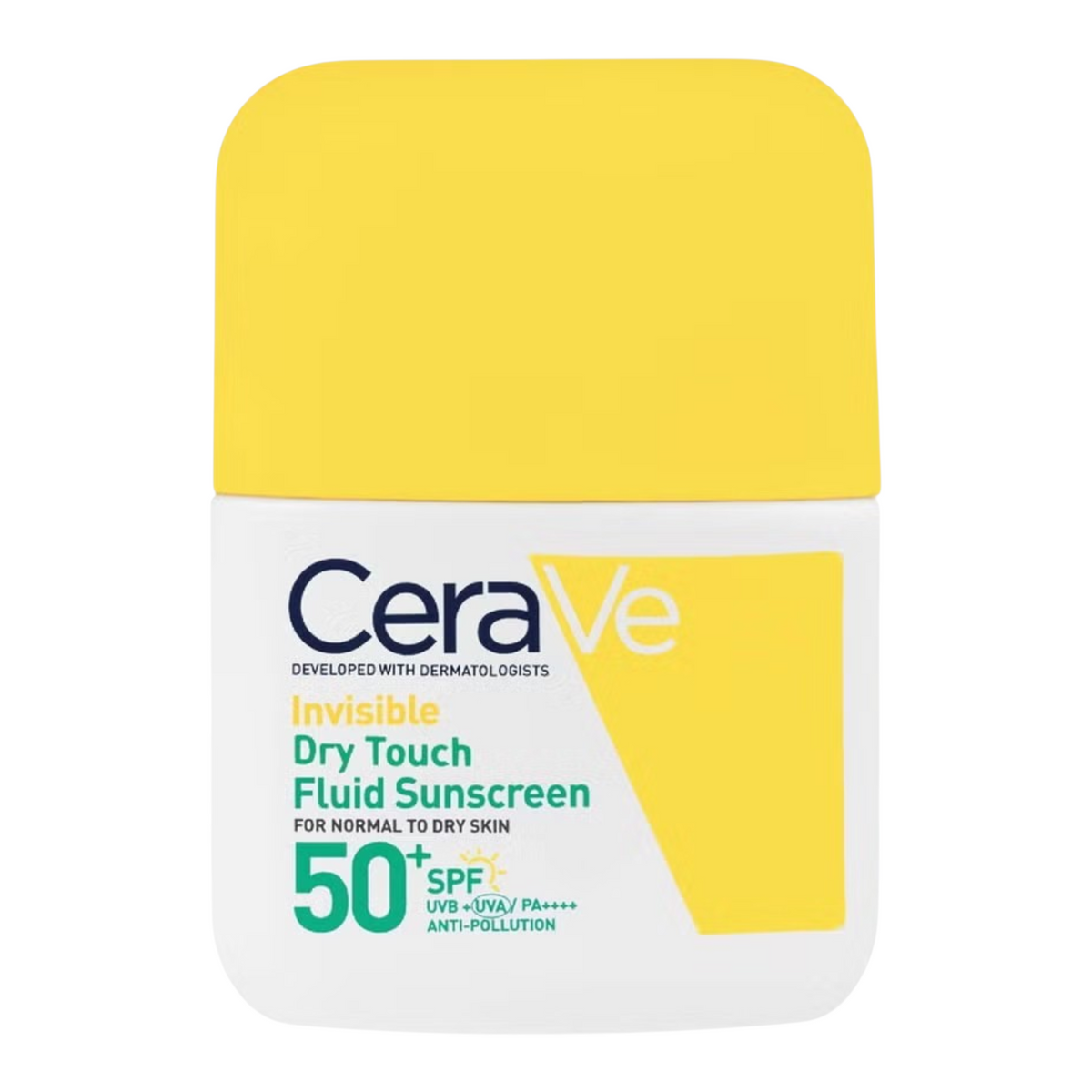 Lumina Pharmacy CeraVe Invisible Dry Touch Fluid Sunscreen SPF 50+ in a white bottle with a bright yellow cap.