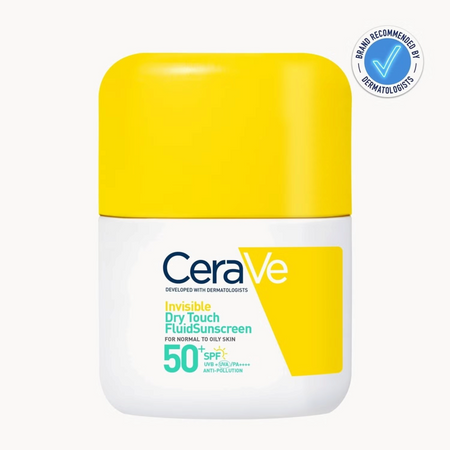 Lumina Pharmacy CeraVe Invisible Dry Touch Fluid Sunscreen SPF 50 for normal to oily skin in a white and yellow bottle