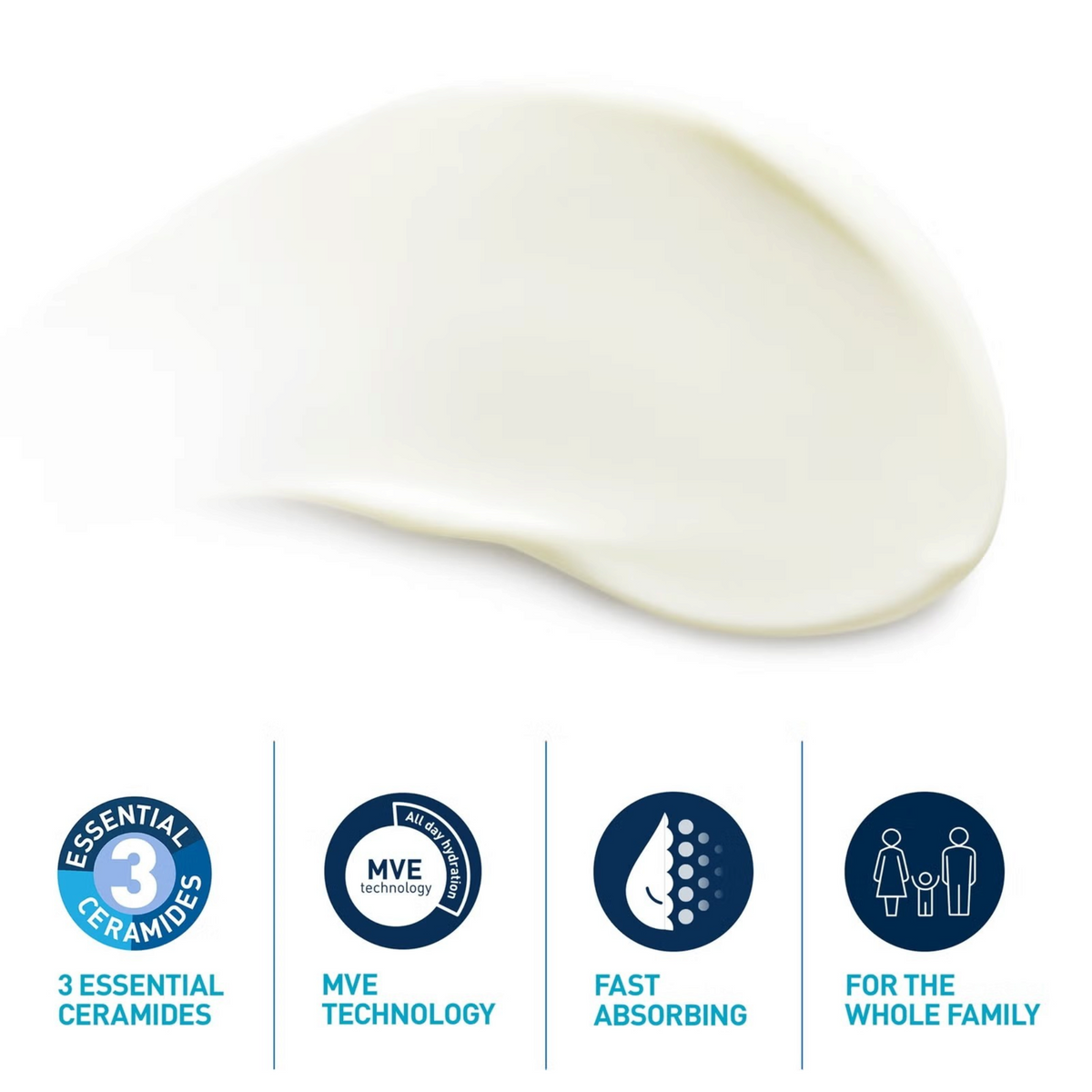 Lumina Pharmacy CeraVe Invisible Hydrating Sunscreen cream texture swatch with product benefit icons