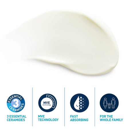 Lumina Pharmacy CeraVe Invisible Hydrating Sunscreen cream texture swatch with product benefit icons