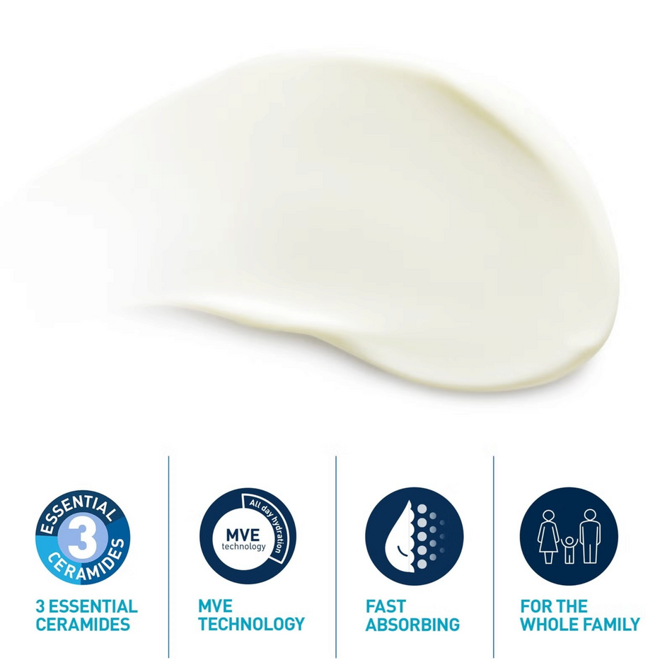 Lumina Pharmacy CeraVe Invisible Hydrating Sunscreen cream texture swatch with product benefit icons