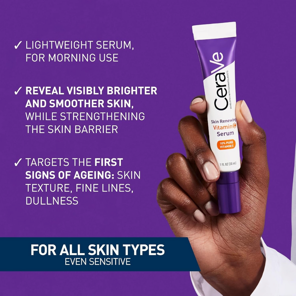Lumina Pharmacy CeraVe Skin Renewing Vitamin C Serum tube held in hand against a purple background with text benefits