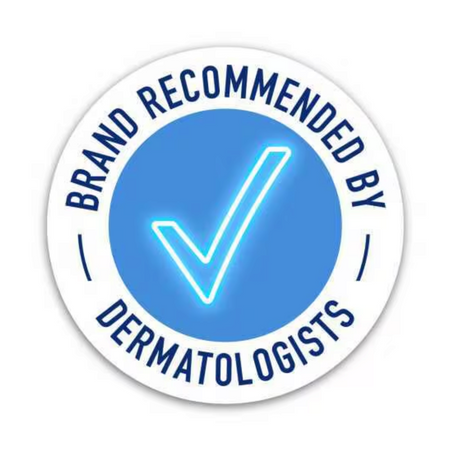 Lumina Pharmacy brand recommended by dermatologists circular blue badge with a white checkmark
