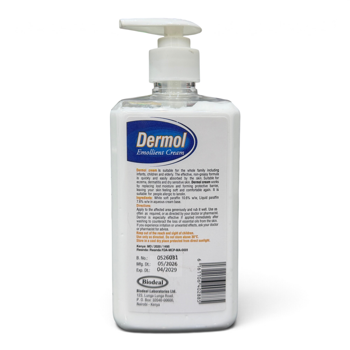 Lumina Pharmacy Dermol Emollient Cream 500ml pump bottle with white lotion and blue label for dry, itchy skin.