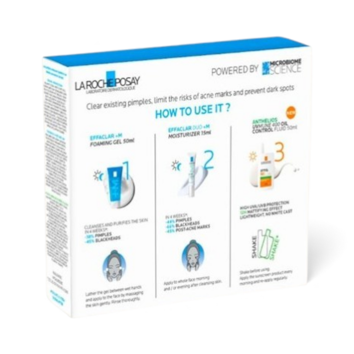 Lumina Pharmacy La Roche-Posay Effaclar acne routine kit box showing three skincare products and usage instructions.