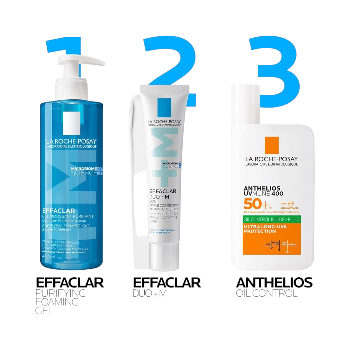 Lumina Pharmacy La Roche-Posay Effaclar Duo+M corrective moisturiser tube alongside foaming gel and sunscreen bottles