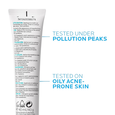 Back of Lumina Pharmacy La Roche-Posay Effaclar Duo(+) SPF30 tube showing usage instructions and testing claims