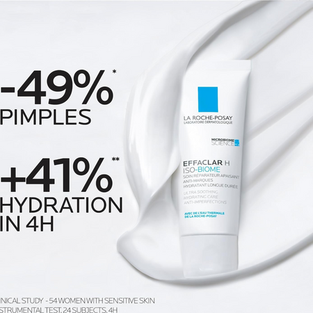Lumina Pharmacy La Roche-Posay Effaclar H Iso-Biome moisturizer tube with cream texture and clinical study results