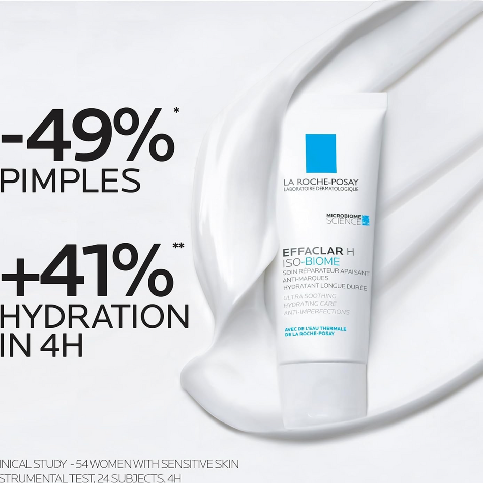Lumina Pharmacy La Roche-Posay Effaclar H Iso-Biome moisturizer tube with cream texture and clinical study results