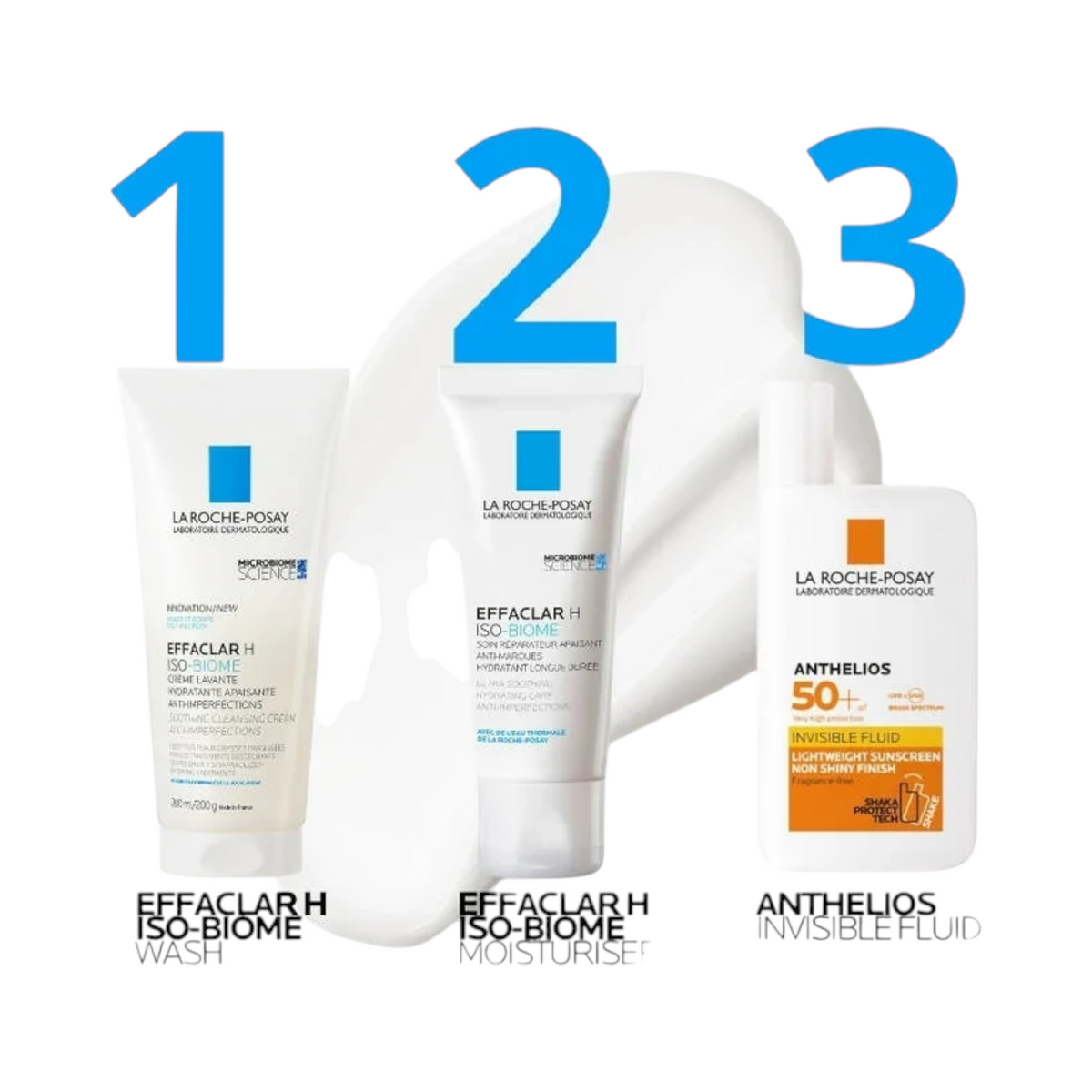 Lumina Pharmacy La Roche-Posay Effaclar H Iso-Biome cleansing cream, moisturiser, and Anthelios sunscreen set