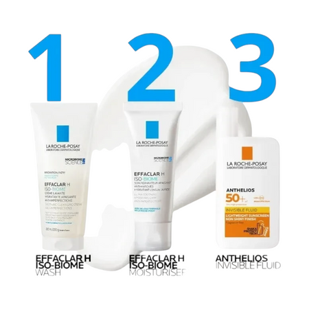 Lumina Pharmacy La Roche-Posay Effaclar H Iso-Biome skincare routine set including wash, moisturizer, and sunscreen
