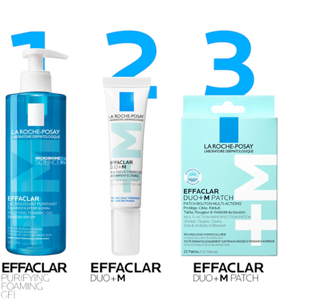Lumina Pharmacy La Roche-Posay Effaclar skincare set including purifying foaming gel, corrective cream, and spot patches