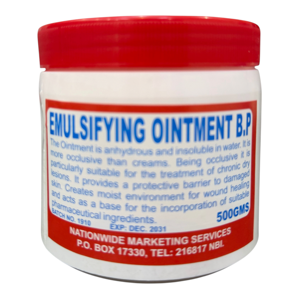 Lumina Pharmacy Nationwide Emulsifying Ointment B.P. 500g tub for dry skin relief on a pharmacy counter