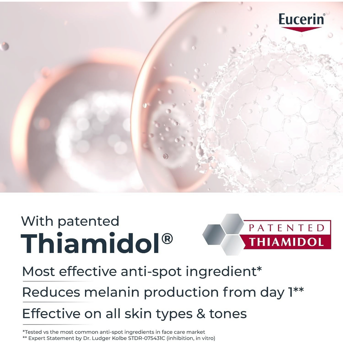 Lumina Pharmacy Eucerin Even Pigment Perfector Night Cream promotional graphic featuring Thiamidol ingredient