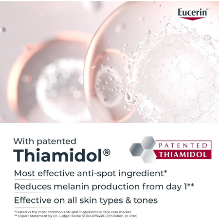 Lumina Pharmacy Eucerin Even Pigment Perfector Night Cream promotional graphic featuring Thiamidol ingredient
