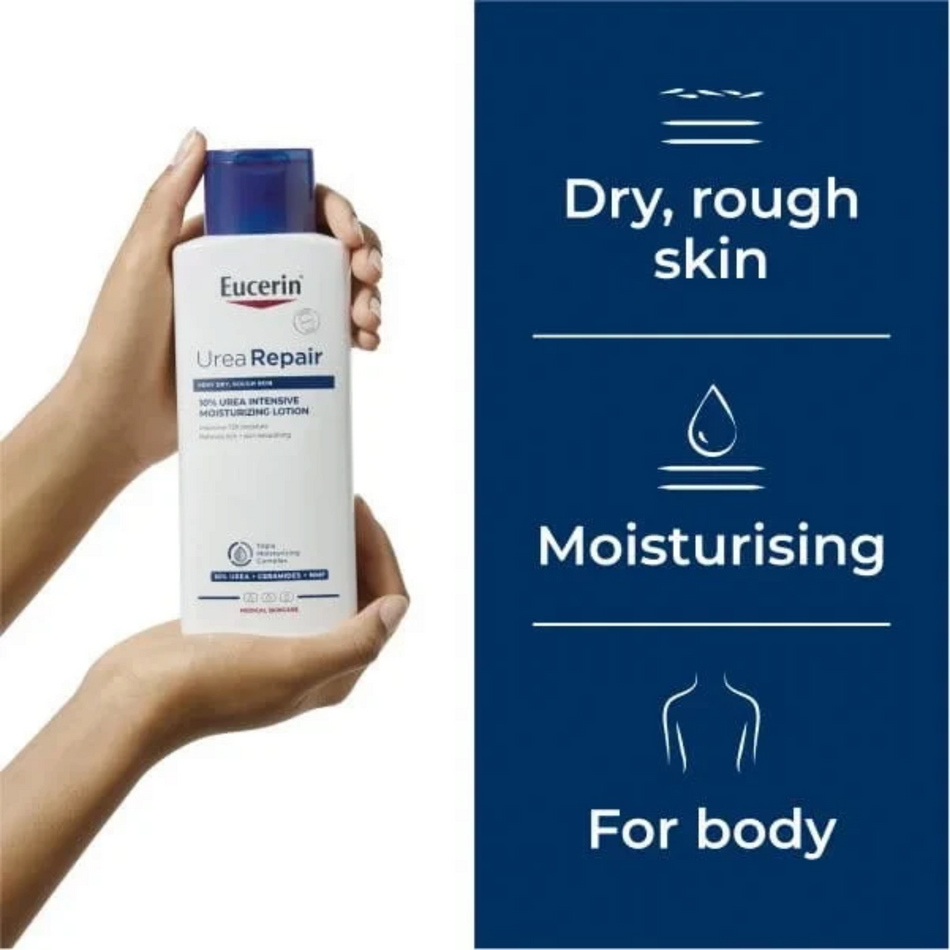 Lumina Pharmacy Eucerin UreaRepair 10% Urea intensive moisturizing body lotion bottle held in hands