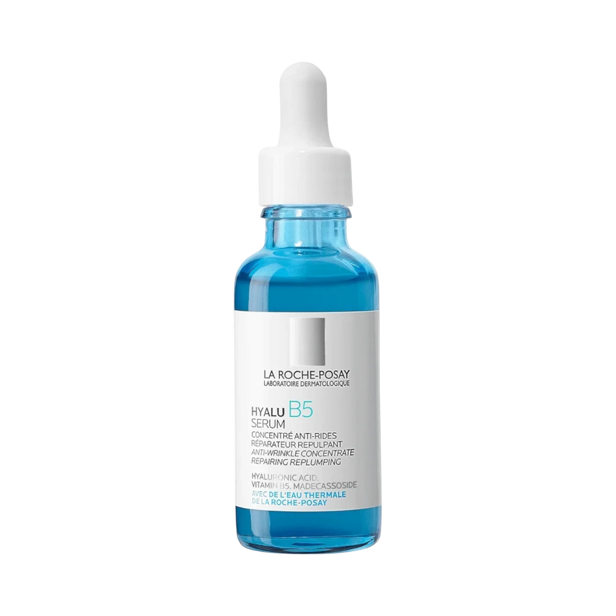 Lumina Pharmacy La Roche-Posay Hyalu B5 Hyaluronic Acid Serum in a blue glass bottle with a white dropper cap.