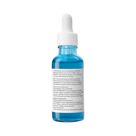 Lumina Pharmacy La Roche-Posay Hyalu B5 Hyaluronic Acid Serum in a blue glass bottle with a dropper cap.