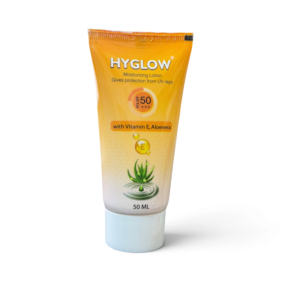 Lumina Pharmacy Hyglow SPF 50+ moisturizing sunscreen lotion with vitamin E and aloe vera in a 50ml tube