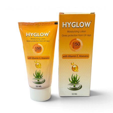 Lumina Pharmacy Hyglow SPF 50+ moisturizing sunscreen lotion with vitamin E and aloe vera in a 50ml tube and box