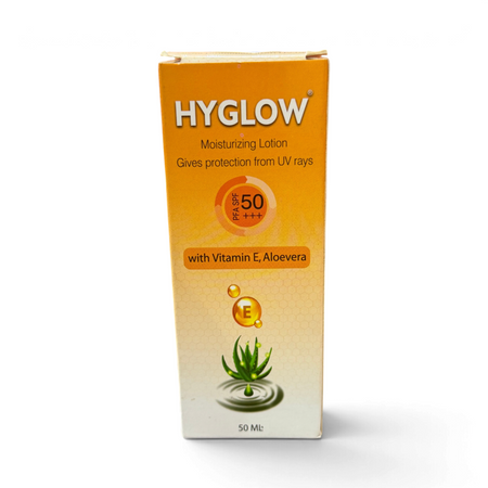 Lumina Pharmacy Hyglow SPF 50+ moisturizing sunscreen lotion with vitamin E and aloe vera in a 50ml box