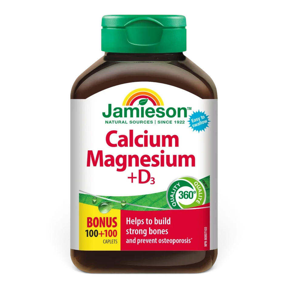 Lumina Pharmacy Jamieson Calcium Magnesium and Vitamin D3 supplement bottle for bone and muscle health support.