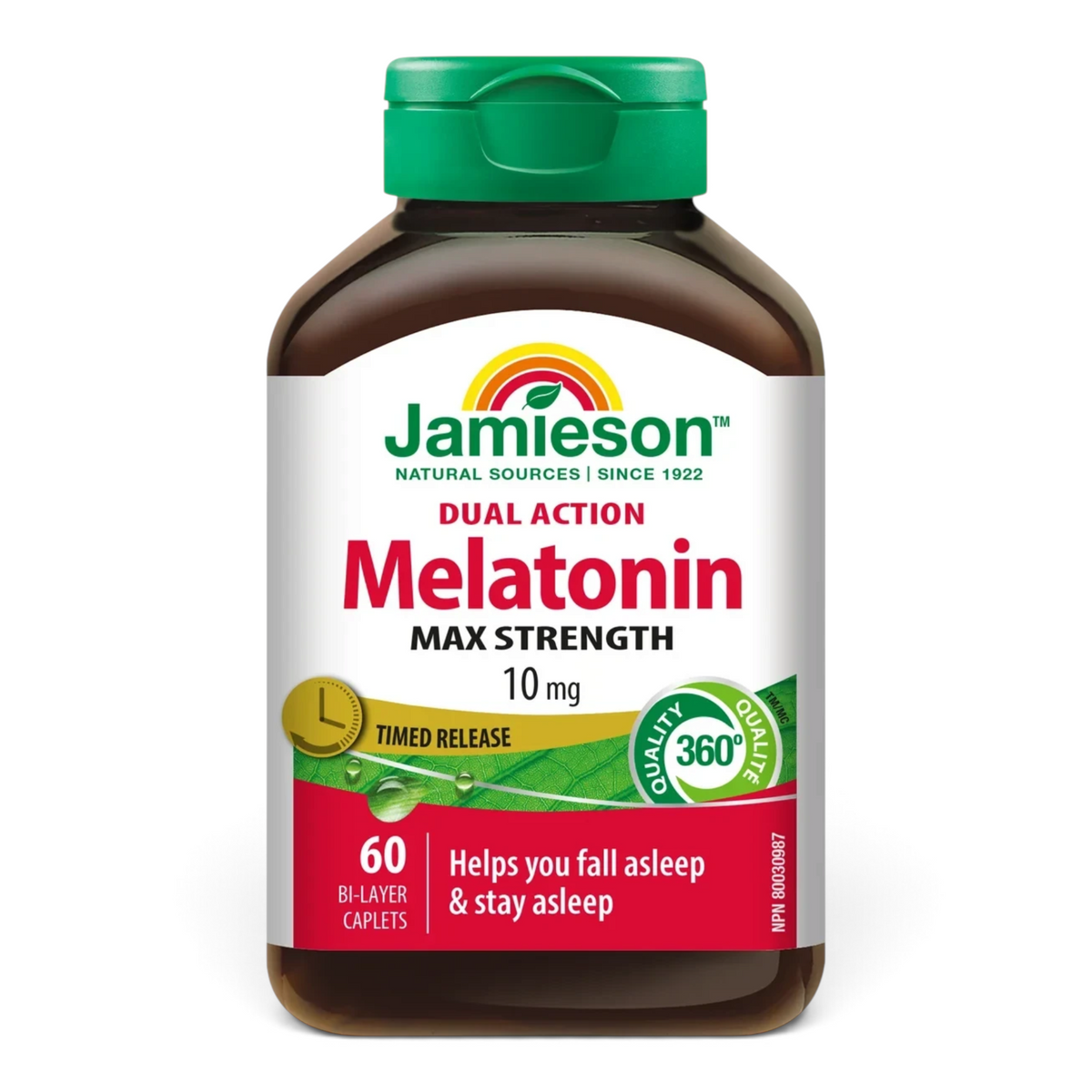 Lumina Pharmacy Jamieson Melatonin 10mg max strength dual action timed release sleep aid caplets in a 60 count bottle.
