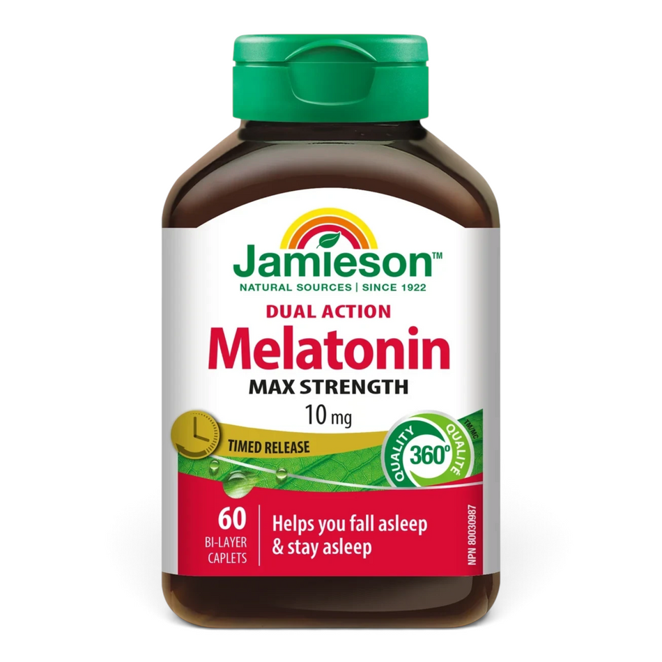 Lumina Pharmacy Jamieson Melatonin 10mg max strength dual action timed release sleep aid caplets in a 60 count bottle.