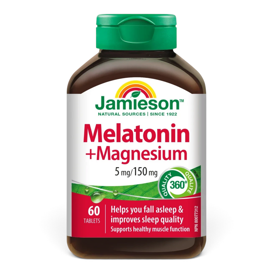 Lumina Pharmacy Jamieson Melatonin with Magnesium 5mg and 150mg sleep support tablets in a 60 count bottle