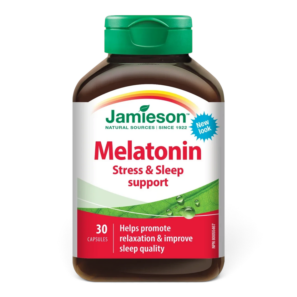 Lumina Pharmacy Jamieson Melatonin 3mg sleep support supplement bottle with green cap and white label