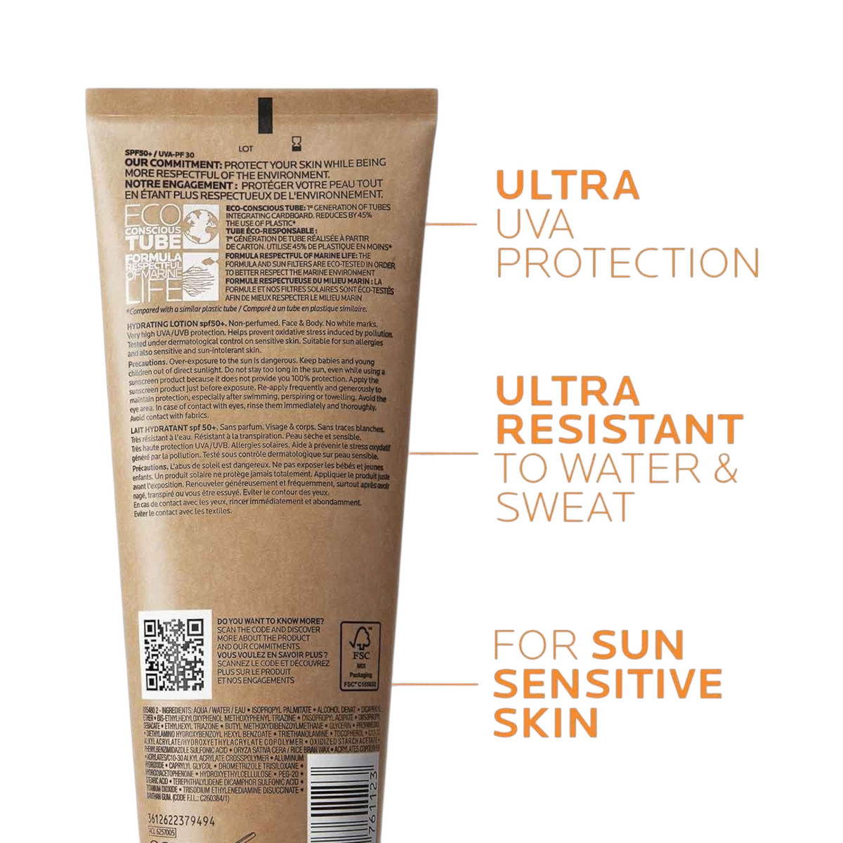 Back of Lumina Pharmacy La Roche-Posay Anthelios SPF50+ eco-conscious sunscreen tube with product information