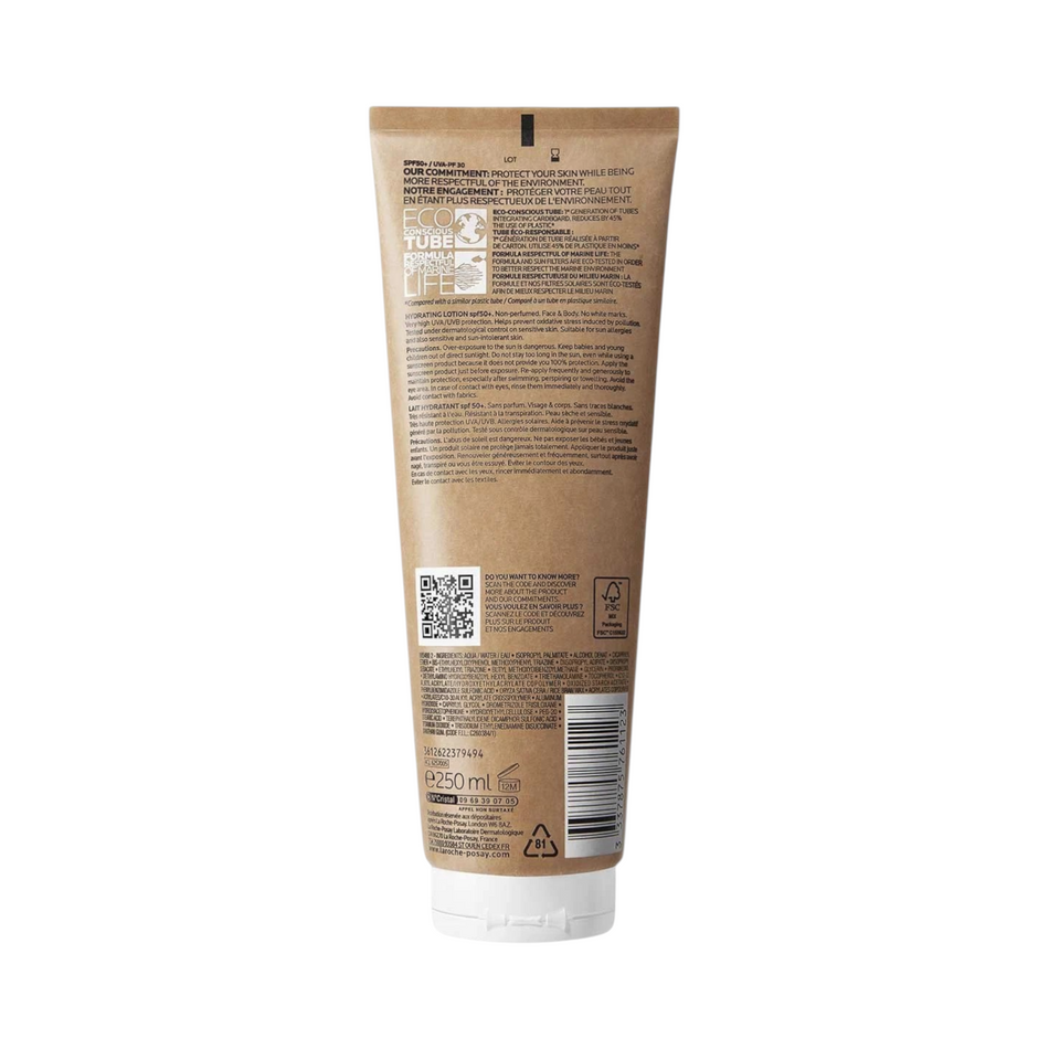 Back of Lumina Pharmacy La Roche-Posay Anthelios SPF50+ eco-conscious sunscreen tube with product information