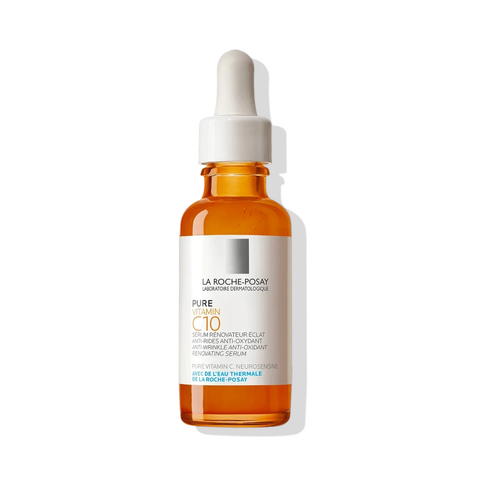 Lumina Pharmacy La Roche-Posay Pure Vitamin C10 anti-wrinkle serum in an amber glass bottle with a dropper cap.