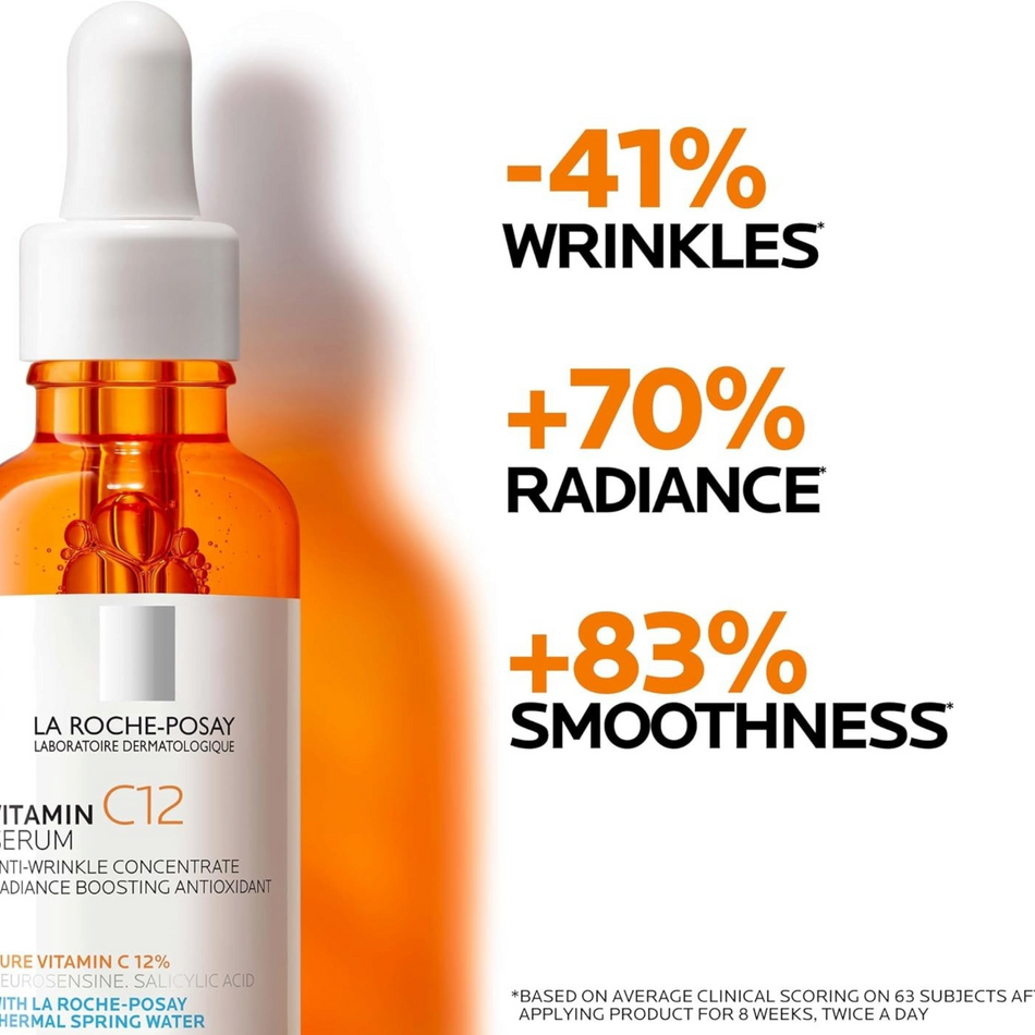 Lumina Pharmacy La Roche-Posay Pure Vitamin C12 Serum bottle with clinical results text showing skin improvements