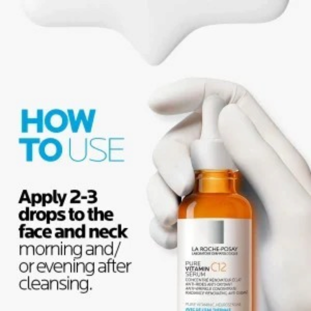 Lumina Pharmacy La Roche-Posay Pure Vitamin C12 Serum bottle held by a gloved hand with how-to-use instructions